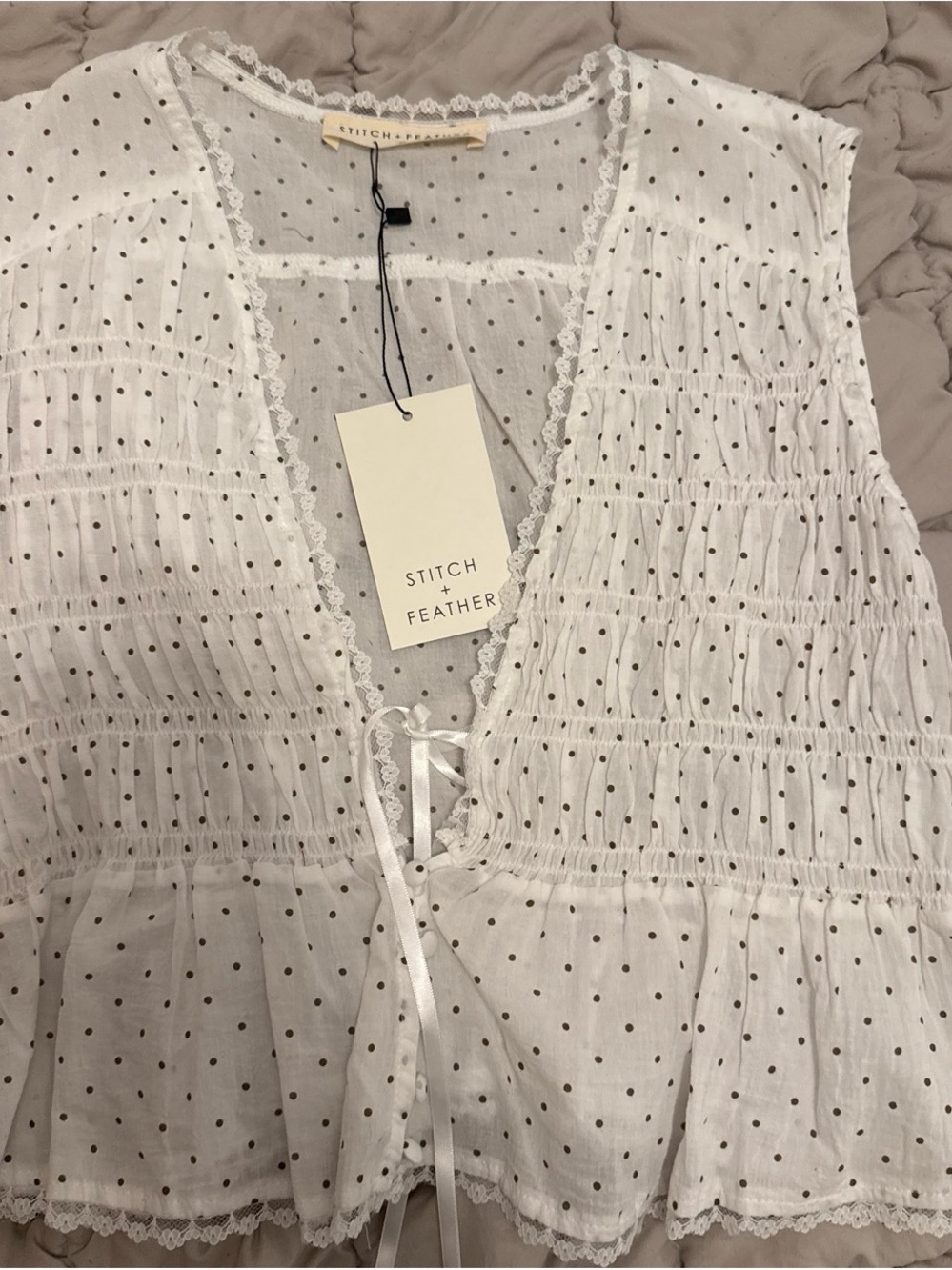 Stitch + Feather White Polka Dot Lace-Trim Sleeveless Blouse